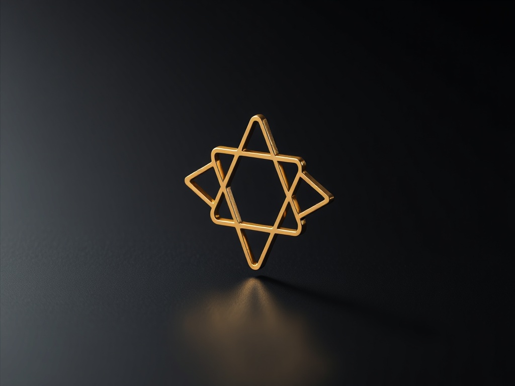 Minimalist geometric logo mark made of interconnected golden lines, floating above a matte black surface with subtle light reflection. 8k macro, product photography style.